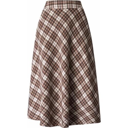 Neophil 2021 Autumn High Waist Wool Khaki Plaid School Pleated Midi Skirts Women Vintage England Style Flare Tartan Saia S92D12