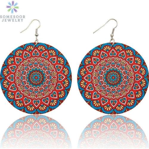 SOMESOOR Painting Bohemian Natural Wooden Drop Earrings African 2019 Sunflower Design AFRO Ethnic Pendant Jewelry For Women