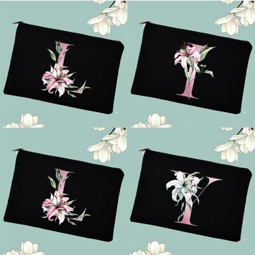 Lily Flower Alphabet Printing Makeup Bags Women Cosmetic Case Toiletries Organizer Storage Pouch Female Purse Student Pencil Bag