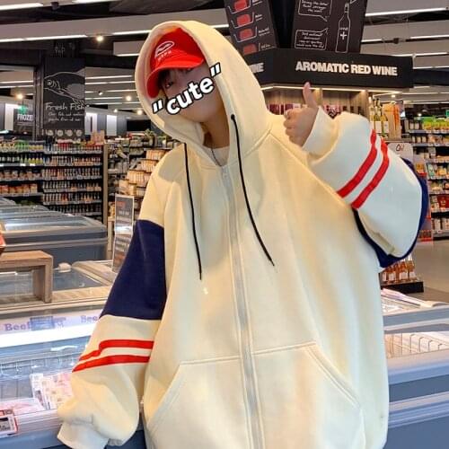 Harajuku Oversized Retro Sweatshirts Men Fashion Striped Patchwork Hooded Zip-up Hoodies Unisex Long Sleeve Casual Streetwear