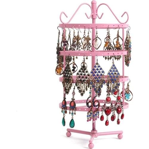 SZanbana Pink 4 Tiers Metal 144 Holes Round Rotating Spin Table 72 Pairs Earring Holder Jewelry Stand Display Rack Towers