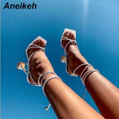 Aneikeh Summer Woman Shoes Sandals Basic Pu Fashion Cross-tied Spike Heels Lace-Up Party Pumps size 35- 42 Black White Apricot