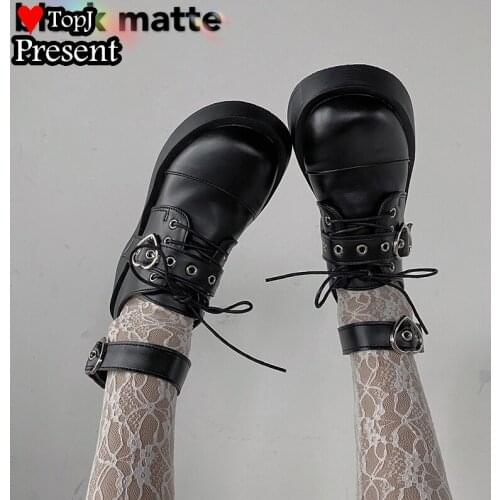 Lolita Shoes heart Buckle Mary Janes Shoes Women Cross-tied Platform Shoes Patent Leather Girls Shoes Rivet Casual Shoes