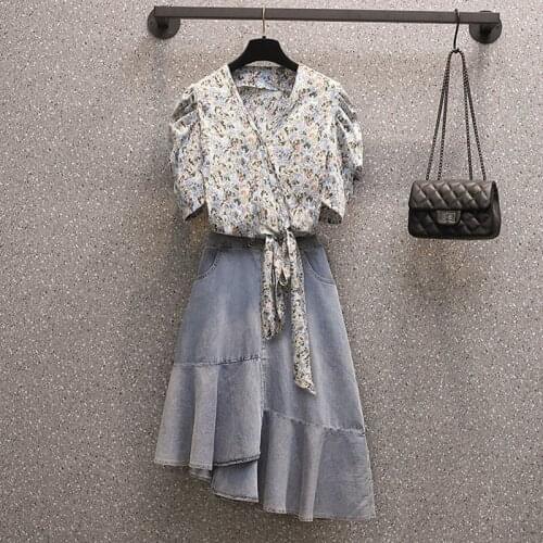 Korean Tops And Skirts For Women Summer Plus Size Set 2021 Short Sleeve Floral Blouse Irregular Denim Skirt Two Piece Suit M030