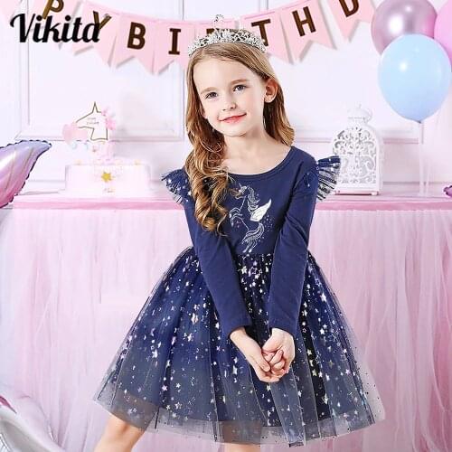 VIKITA Girls Long Sleeve Dress Autumn Winter Girls Unicorn Dress for Kids Children Birthday Party New Year Princess Costumes