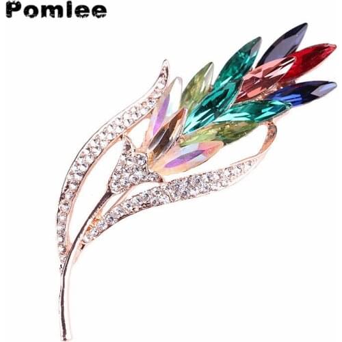 Pomlee Multi-color Crystal Wheat Brooches for Women Rhinestone Brooch Pin Fashion Jewelry Coat Dress Corsage Flower Style