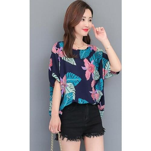 Summer Chiffon Blouse Short-Sleeve Womens Shirts O-neck Batwing Sleeve Tops Elegant Floral Print Loose Blouse Blusas DD2610