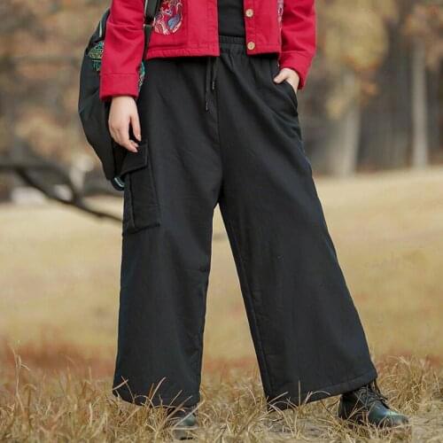 Johnature Women Cotton Linen Winter Wide Leg Pants Elastic Waist Solid Color Trouser 2020 New Warm Thick Female Vintage Pants