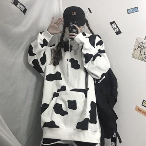 Woman Sweatshirts Casual Loose Lazy Dark Cow Print Hoodies Sweatshirt Japanese Harajuku Vintage Streetwear Clothing For Women