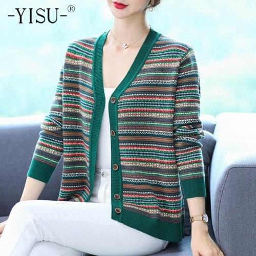 YISU Women Sweater Cardigan Printing V-Neck Autumn Long sleeve Coat Female Fashion Single breasted Knitted Cardigan 2021 New