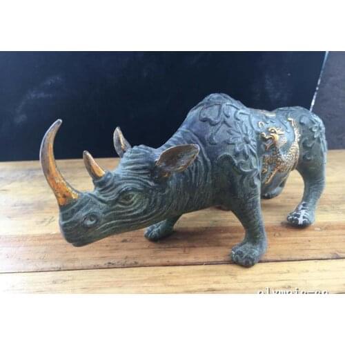 10'' bronze gild carved dragon kylin totem beast animal a rhinoceros statue