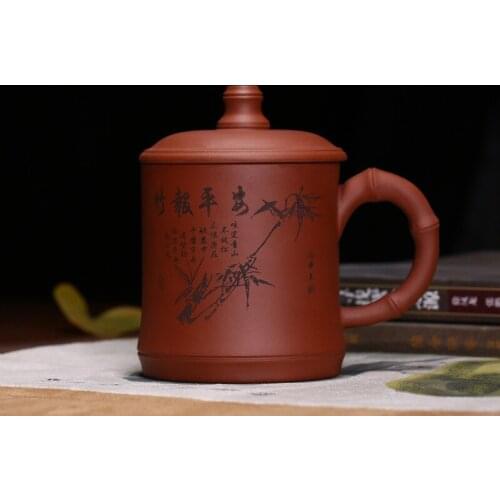 380ML Yixing Purple Clay Tea Cup Hand Painted Vintage Bamboo Pattern Black Tea Cup Office Master Coffee Milk Water Mug with Lid