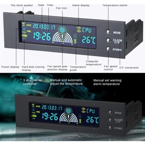 5.25 Inch Bay Front LCD Panel Display 3 Fan Speed Controller CPU Temperature Sensor Probes 5 - 90 celsius degree