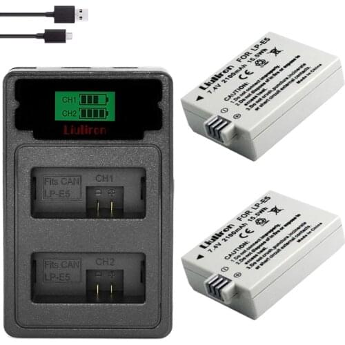 2Pcs 2100mAh LPE5 LP-E5 LP E5 Battery + type-c charger for Canon EOS Rebel XS, Rebel T1i, Rebel XSi, 1000D, 500D, 450D, Ki