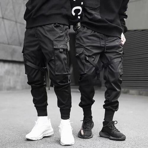 Men Pants Fashion Drawstring Multi Pockets Straps Ankle Tied Cargo Pants Long Trousers Men Clothing мужская одежда 2021
