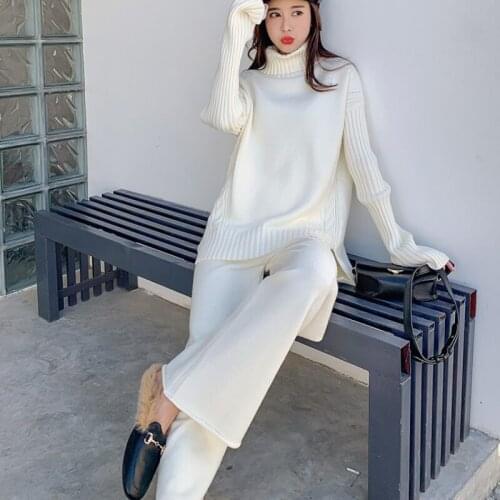 Elegant Womens Pink Knitted Suit Two-Piece Set Autumn Winter Solid Turtleneck Thick Sweater Wide Leg Pants Female Clothing Sets