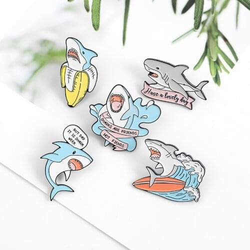 Shark Are Friends Enamel Pins Custom Shark Week Banana Surfing Brooches Bag Lapel Pin Fun Animal Badge Cute Jewelry Gift for Kid