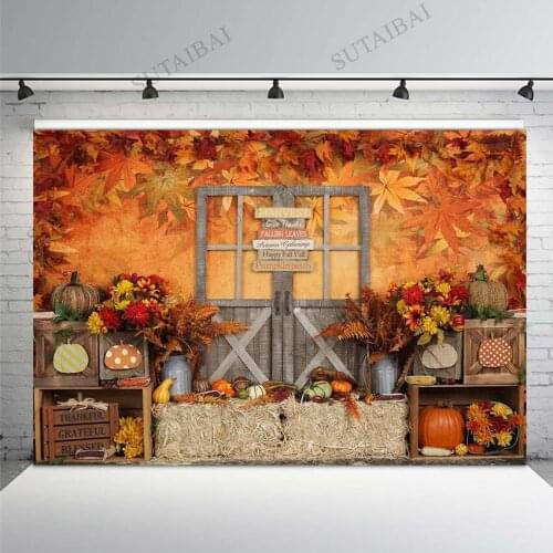 Thanksgiving Backdrops for Photography Harvest Autumn Falling Leaves Pumpkin Haystack Sunflowers Background Photo Booth Studio