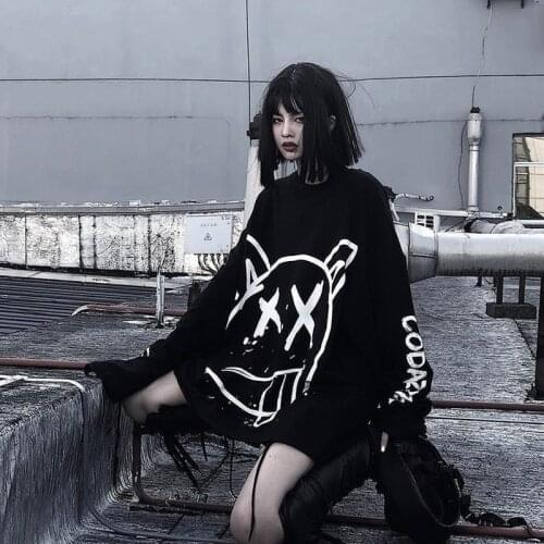 QWEEK Hip Hop Graffiti Tshirt 2021 Fashion Korean Style Long Sleeve Tshirt Harajuku Punk Streetwear Girls Gothic Mall Goth Tops
