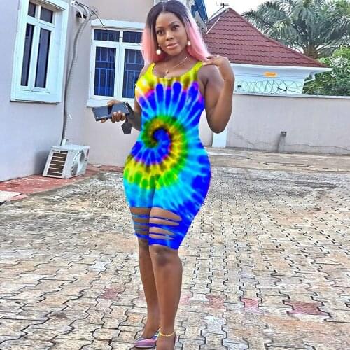 Rainbow Tie Dye Print Rompers Womens Jumpsuit Sexy Sleeveless Low Neck Hollow Out Short Playsuit Hip Hop Beach Wear Bodysuits