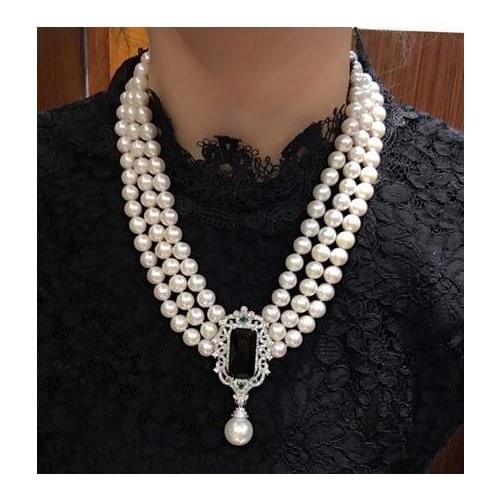 Hot sell new 8 to 9mm natural white freshwater pearl multilaye necklace zircon accessories fashion jewelry