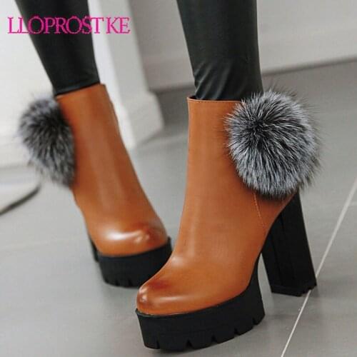 Lloprost ke High Heels Thick Boots Women Platform Ankle Boot Female Fur Shoes Ladies Round Toe Shoes Winter 2020 New Big Size