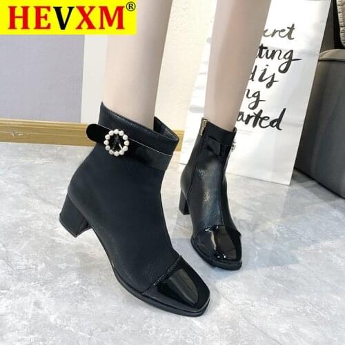 Fashion Special Design New Boots High Quality Genuine Leather Comfortable Square Heel Womens Shoes Ankle Boots Zipper