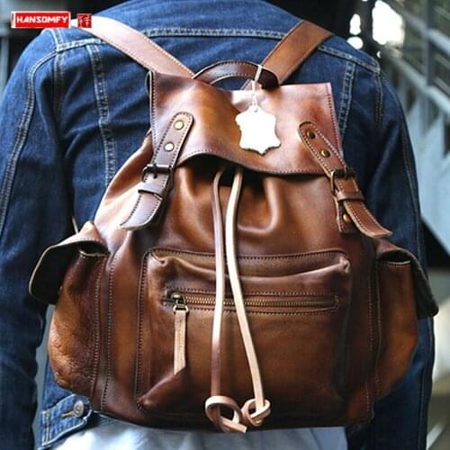 Soft Leather Handmade Men Backpack Shoulder Bag Male Travel Backpack Retro Genuine Leather Laptop Backpacks First Layer Leather