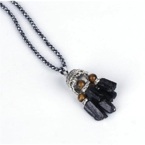 Natural Healing Rough Tourmaline Stone Black Hematite Bead Chain Rhinestone Spacer Tibetan Cap Charm Necklace For Women