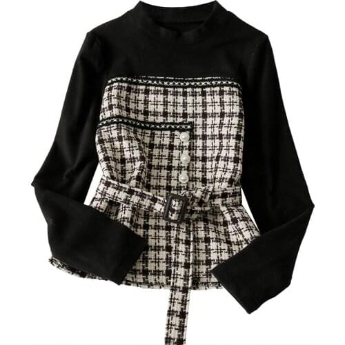 2021 Spring and Autumn Womens New Korean Fashion Stitching Tweed Plaid Sweater Top Waist Slimming Long-sleeved Sweater