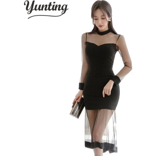 New Fashion Women Sexy Mesh Patchwork See-Through Bodycon Dress Long Sleeve Sheath Slim Evening Sexy Party Dresses