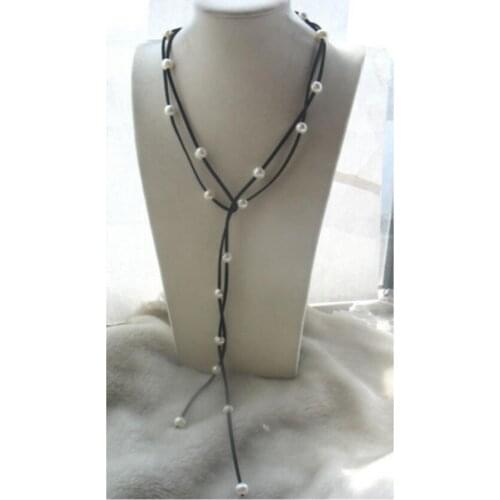 Wholesale AMAZING! 9-11mm freshwater pearl white &black line necklace 63"