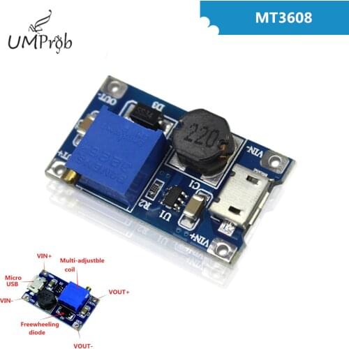 DC-DC Adjustable Boost Module 2A Boost Plate 2A Step Up Module with MICRO USB 2V - 24V to 5V 9V 12V 28V MT3608 LM2577