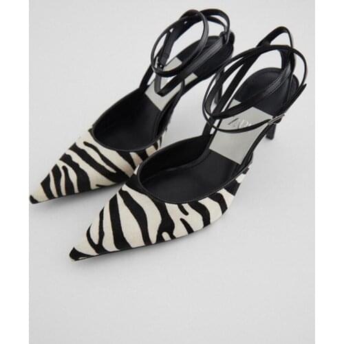 LMCAVASUN Zebra Pattern Strap Pointed Toe Sandals Shoes Women Thin High Heels Sexy Pumps Party Dress Shoes Slingback Sandal