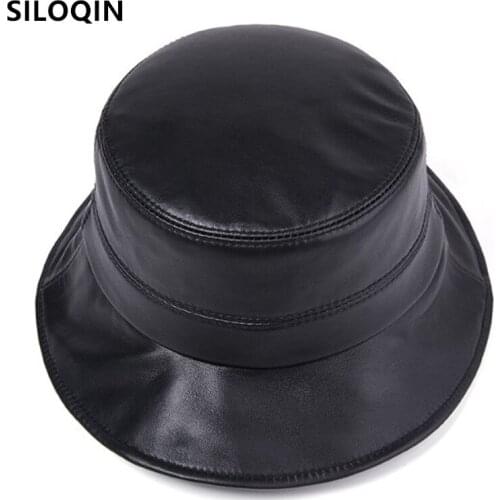 SILOQIN natural genuine leather cap bucket hats for women foldable trend vintage sheepskin leather brands black caps womens hat