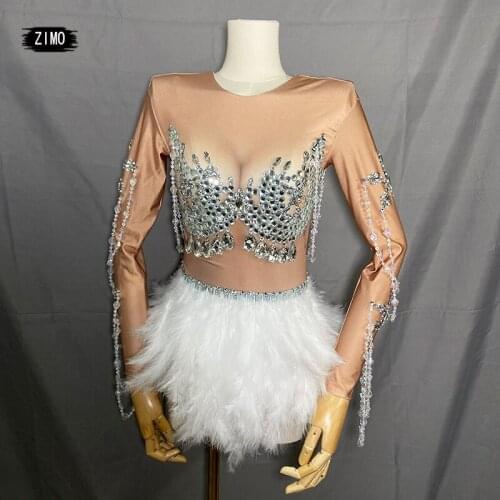 Sexy Rhinestone Crystals Bodysuit Women Stretch long sleeve Feather Nightclub Leotard Jumpsuit Dj bar party club Stage Costumes