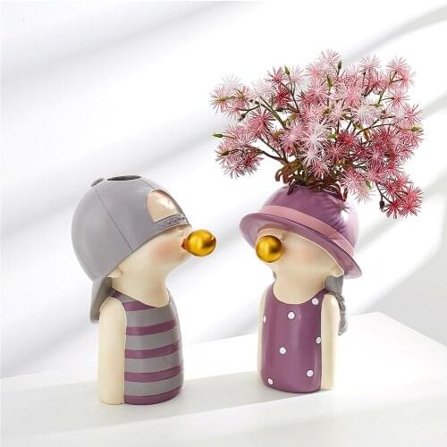 Modern Creative Resin Human Head Vase Ornaments Boy Girl Sculpture Flower Arrangement Flower Pot Potted Plant Home Garden Decor