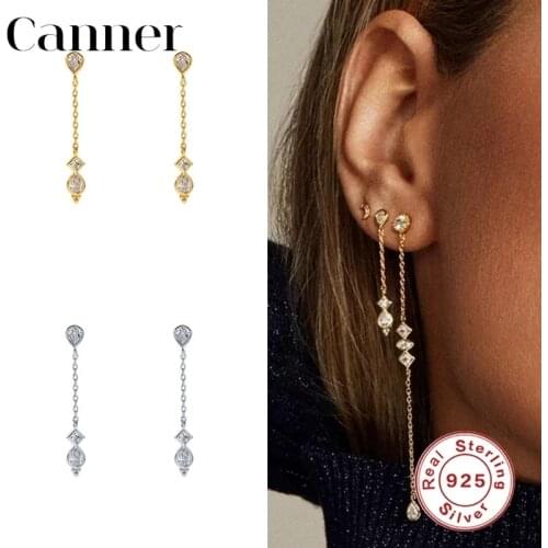 Canner 100% 925 Sterling Silver Stud Earrings For Women Waterdrop Long Chain Earings Fine Jewelry Brincos Piercing pendientes W5