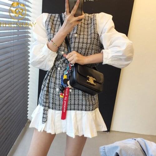 Ladies 2020 Autumn Plaid Patchwork Women Dress Small Fragrance Double-breasted Sashes White Dress Party Female Korean Vestidos