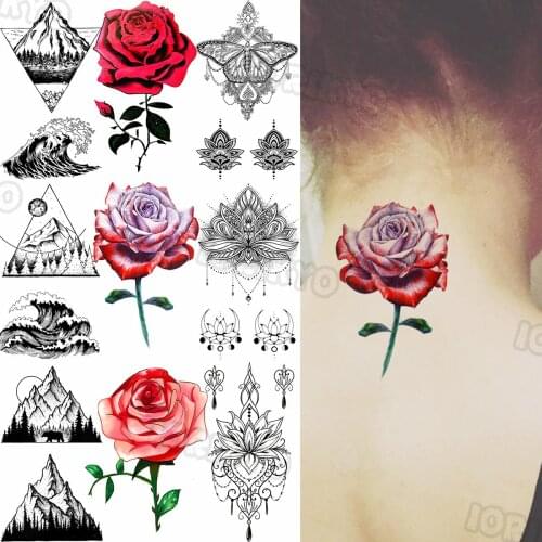 Watercolor Rose Flower Temporary Tattoos For Women Girls Realistic Henna Sea Wave Mountain Fake Tattoo Sticker Neck Arm Tatoos