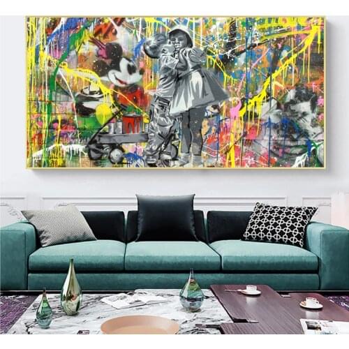 Banksy Graffiti Art Mickey Mouse Boy Kissing Girl Canvas Paintings Wall Art Pictures Posters and Prints for Kids Bedroom Decor