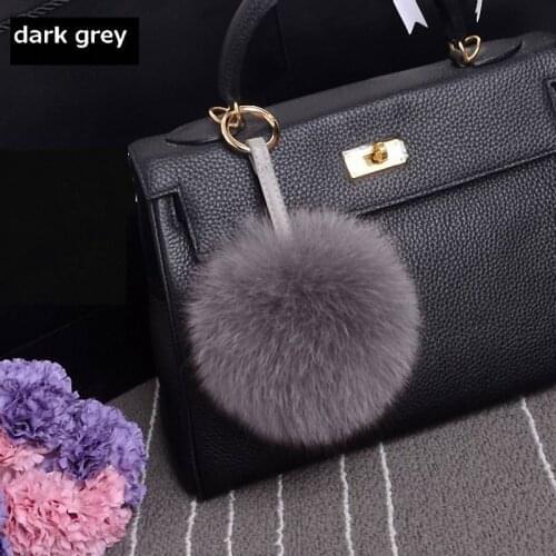 13-15cm Luxury Fluffy Real Fox Fur Ball Pom Pom Plush Size Genuine Fur Keychain Metal Ring Pendant Bag Charm TKK010-dark grey