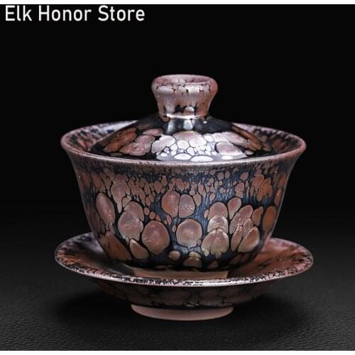 170ml Japanese Style Oil Drop Tea Tureen Vintage Iron Embryo Ceramic Bowl With Lid Kung Fu Tea Pu'er Office Decoration Teaset