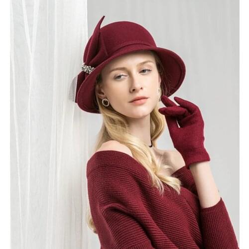 Lady Fedoras Wool Hat Female Woolen Dome Cap Original Design Wool Hat Autumn British Female Set Auger Wool Hat Adjust A03