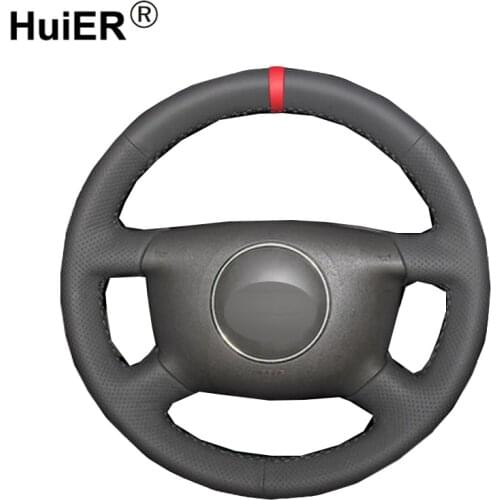 HuiER Hand Sewing Car Steering Wheel Cover Non-slip Car Styling Red Marker For Audi A6 2000-2004 Audi A3 2000-2003 A4 B6 2002