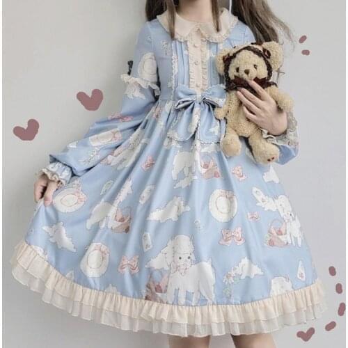 Kawaii Japanese Lolita Vintage dress Lamb Printing lolita dress women soft girl style cute Princess lace dress cute
