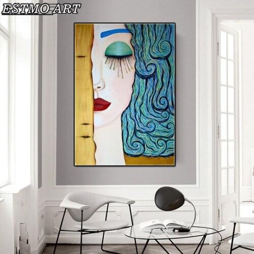 Gustav Klimt Classical Art Canvas Painting Abstract Blue golden Woman Portrait Poster Pictures for Living Decoration Paintings