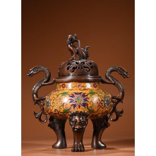 10"Chinese temple collection Old Bronze Cloisonne Enamel Poodle statue Dragon handle Three incense burner Ornaments