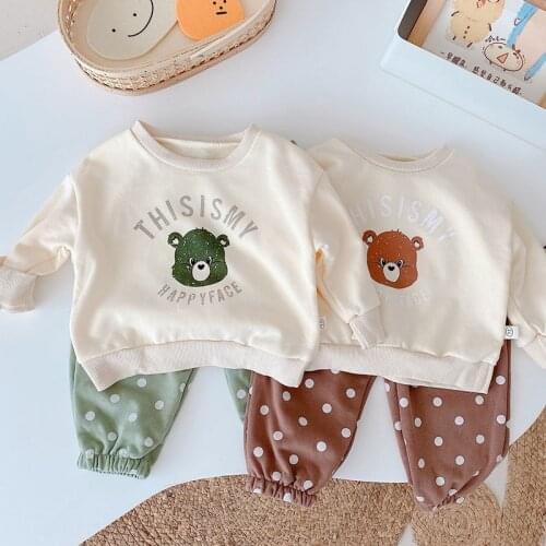 HAYANA 2021 Autumn New Kids Clothes Set Long Sleeve Bear T-Shirt And Polka Dot Pants 2 Pcs Suit
