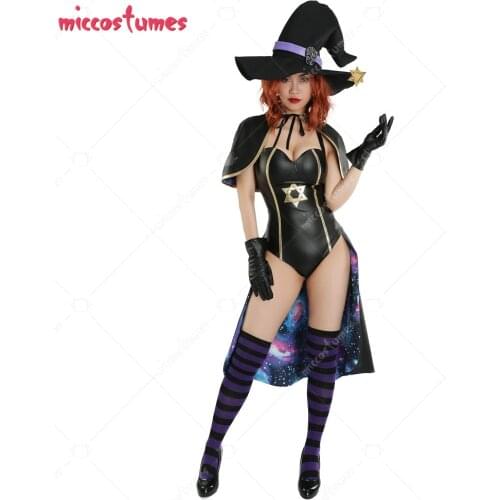 Miss Witch Halloween Cosplay Costume Bodysuit with Hat and Starry Cloak Cape